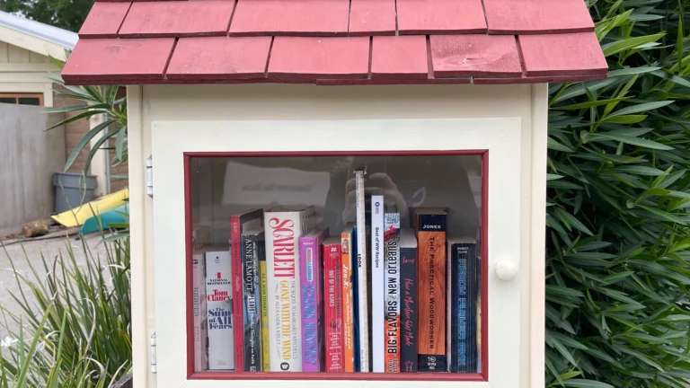 Boîte à livres en bois installée dans un espace extérieur